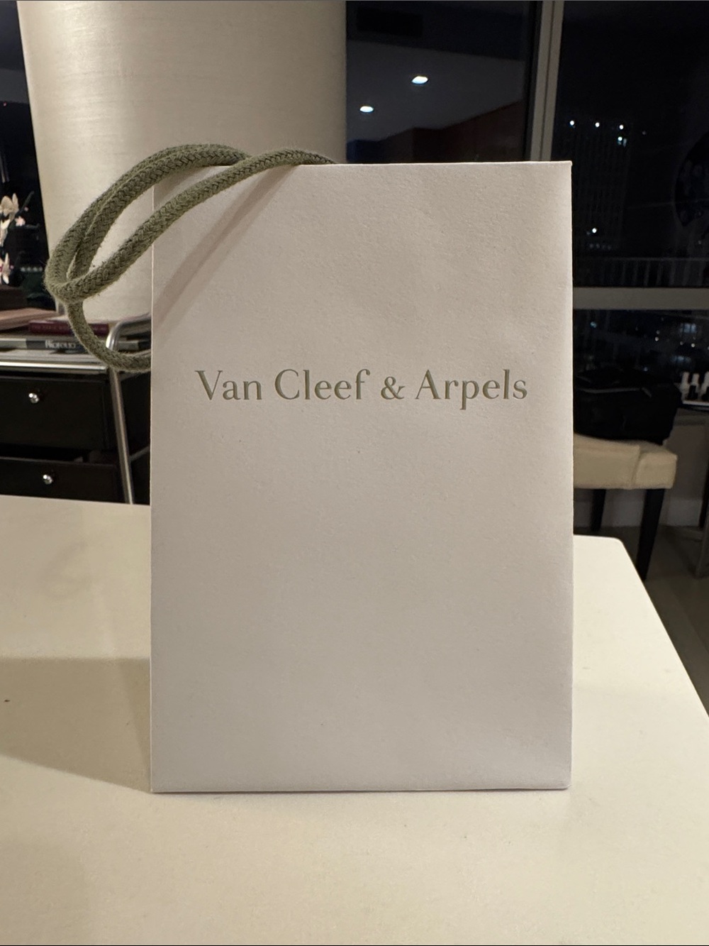 Van Cleef & Arpels White Gift Bag with Olive Green Logo and Handles